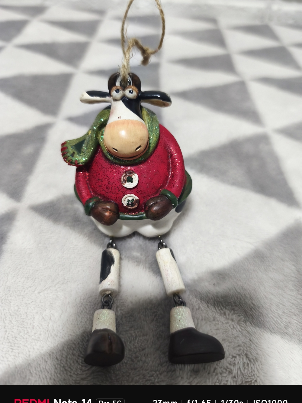 Hand-Painted Red Cow Ornament with Green Scarf – Holiday Tree Decor
